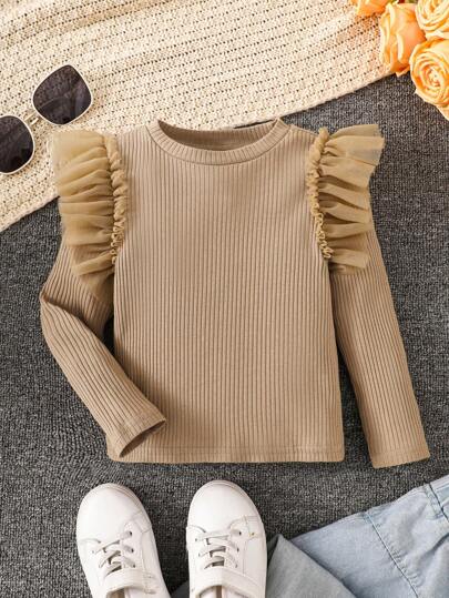 SHEIN 4pcs Young Girl Mesh Contrast Cap Sleeve Crew Neck Long Sleeve Basic Top, Winter