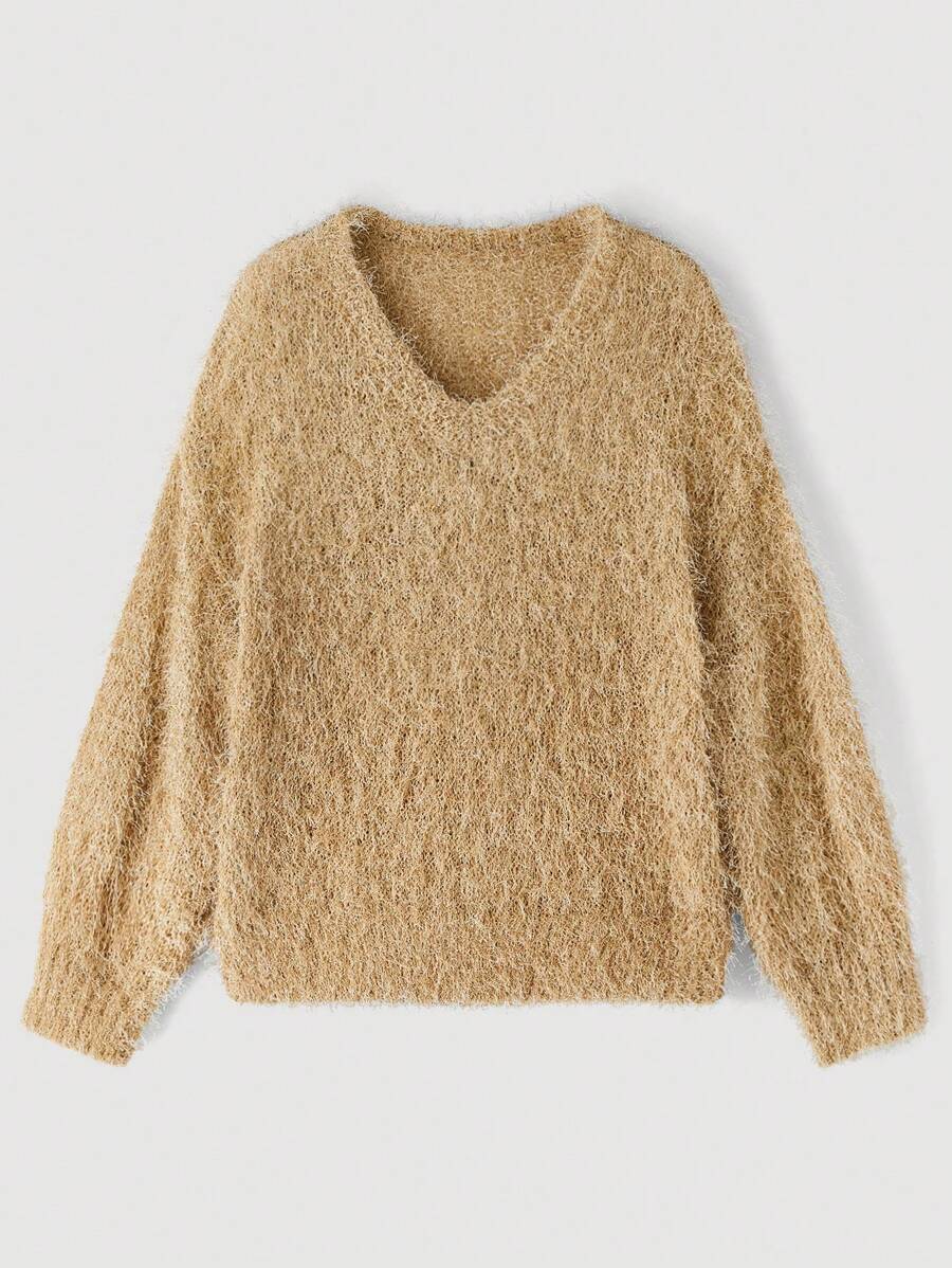 SHEIN MOD Áo len nữ cỡ lớn màu kaki nhạt thường ngày cỡ lớn cho mùa thu/đông - Màu Khaki - Xem 1