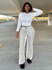 VaVaBold Casual Sporty Letter Print Contrast Trim Loose Wide Leg Women's Sweatpants, Suitable For Daily, Leisure, Sports And Street Fashion