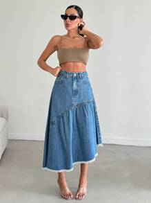 RueChic Solid Color Pocket Pleated Waist Denim Skirt - Medium Wash - View 4