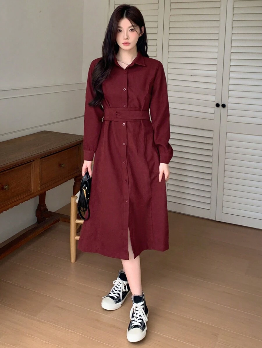 DAZY 女士系带中长款衬衫连衣裙，秋冬，秋季女装长袖连衣裙红色女装连衣裙