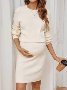 SHEIN Maternity Solid Round Neck Drop Shoulder Casual Knit Sweater Dress For Autumn/Winter - Apricot - View 4