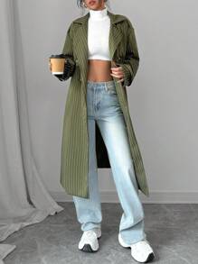 Calvaya Abrigo trench de mujeres de estilo casual, holgado y vintage con diseño de doble botonadura, estampado de rayas y manga larga (con forro)