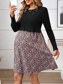 SHEIN Maternity Solid Color Patchwork Round Neck Long Sleeve Simple Casual Nursing Dress - Black - View 4