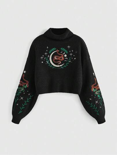 Tricot ample à col roulé pour femmes avec broderie de plante mystérieuse et de lune croissante de la forêt sombre gothique