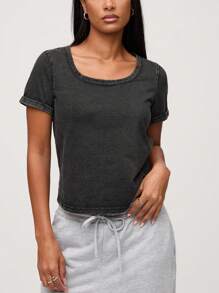 SHEIN BASICS Casual Solid Color Knitted Square Neck Short Sleeve Loose T-Shirt For Women - Dark Grey - View 1