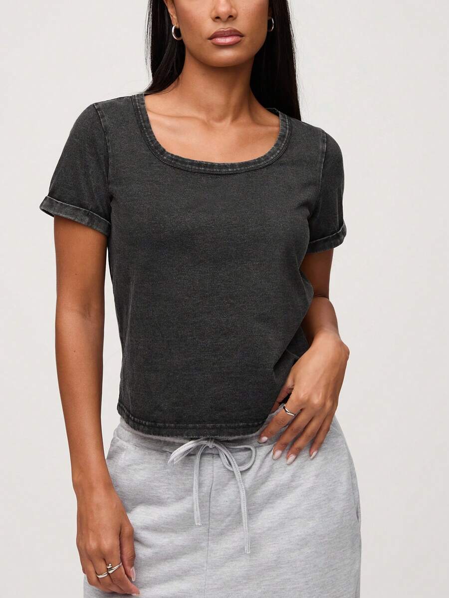 SHEIN BASICS Casual Solid Color Knitted Square Neck Short Sleeve Loose T-Shirt For Women - Dark Grey - View 1