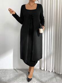 SHEIN LUNE Plus Size Women 2pcs Set: Solid Ribbed Camisole Dress & Front Twist Long Cardigan - Black - View 6