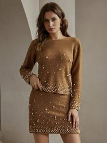 Anewsta White Heavy Pearls Knit Pullover Top & Skirt Set - Coffee Brown - View 3