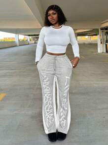 VaVaBold Casual Sporty Letter Print Contrast Trim Loose Wide Leg Women's Sweatpants, Suitable For Daily, Leisure, Sports And Street Fashion