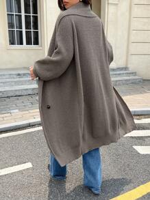 SHEIN Frenchy Suéter largo de otoño de talla grande, suéteres cálidos, ropa para salir, ropa para el aeropuerto, ropa para mujer con solapa grande, cárdigan de botones con mangas largas, informal para uso diario