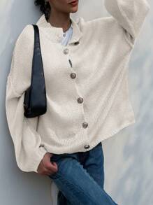 INAWLY Áo khoác cardigan dài tay cài nút thoải mái thời trang giản dị cho nữ - Màu be - Xem 3