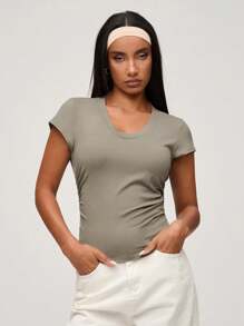SHEIN BASICS Casual Solid Color Knit Round Neck Short Sleeve Fitted With Side Pleats Women T-Shirt