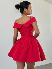 Aloruh 1 pieza Vestido mini elegante de mujer de unicolor con hombros descubiertos, tirantes de espagueti, cintura fruncida con volante para Navidad, Año Nuevo, Acción de Gracias, vacaciones, negocios y ocasiones formales, elegante, rojo, lindo, sexy