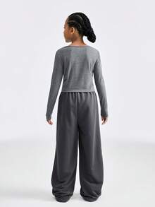 SHEIN Bộ 2 món/Bộ áo dài tay in chữ thể thao thường ngày cho bé gái tuổi teen và quần ống rộng, trang phục màu xám cho mùa thu - Xám - Xem 2