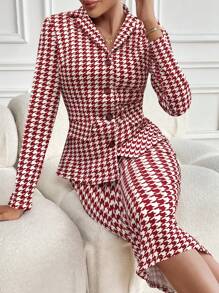 Chiquease Women's Autumn Houndstooth Lapel Long Sleeve Jacket And Pencil Skirt Elegant Suit Set For New Year Clothes - Red - View 4