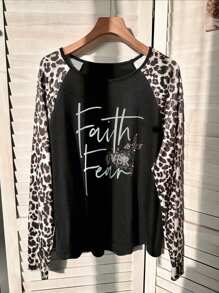 SHEIN LUNE Women Leopard Patchwork Letter Print Round Neck Raglan Sleeve T-Shirt, Autumn Fall Cloth For Women - Black - View 1