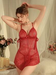 Camisón sexy para mujer, romántico patchwork de encaje, lazo, semitransparente - Burdeos - Ver 4