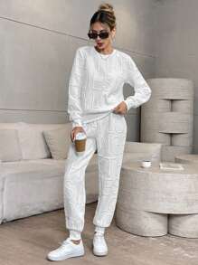 SHEIN LUNE 2pcs/Set Women Casual Letter Embossed Round Neck Long Sleeve Top And Pants Outfit, Loose Fit, Autumn