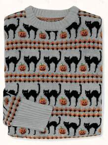 Chiquease Áo len dài tay cổ tròn họa tiết Halloween mới về, kiểu dáng thanh lịch cổ điển mùa thu đông. - Xám - Xem 3