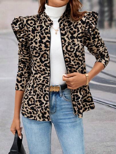 SHEIN Clasi 女士时尚百搭荷叶边豹纹夹克，秋冬款