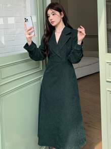 DAZY Women Cross-Wrapped Solid Color Elegant Long Sleeve Midi Dress, Autumn/Winter,Fall Women Clothes