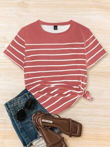 Flirla Camiseta de manga corta de cuello redondo a rayas de talla grande - Rosado Sandía - Ver 1