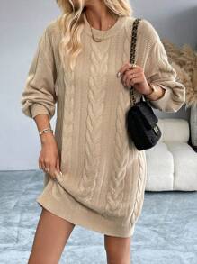 Chiquease Loose Fit Crew Neck Languid Knitted Dress, Elegant Design, Flattering Large Size - Khaki - View 5