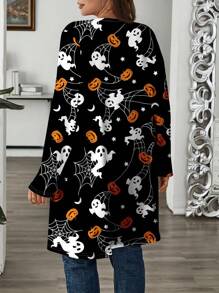 EMERY ROSE Plus Size Women Halloween Pumpkin Skull Bat Printed Casual Loose Long Sleeve Lightweight Cardigan Winter Fall Autumn - Black - View 2