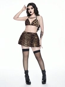 ROMWE J-Fashion Conjunto de pijama de mujer con estampado de leopardo que incluye babydoll inalámbrico con tirante halter y minifalda - Negro - Ver 2