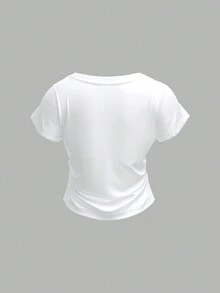 SHEIN BASICS Casual Solid Color Knit Square Neck Short Sleeve Fitted Women T-Shirt