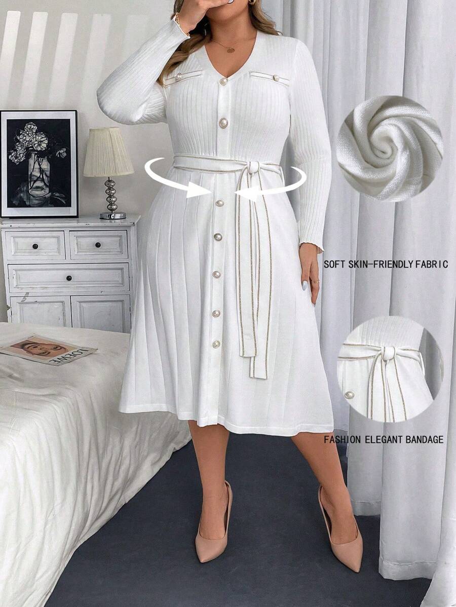 Flirla Plus Size Button Front Knit Sweater Dress, Spring Autumn, For Winter - White - View 1