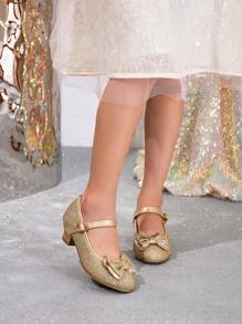 1 đôi giày cao gót thấp trang trí nơ thời trang đa năng cho bé gái, mọi mùa - Vàng - Xem 3