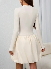 SHEIN Clasi Vestido casual corto de mujer de unicolor, con parches, cuello alto, manga larga, acampanado y sencillo - Albaricoque - Ver 2