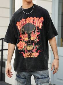 Manfinity Unisex 男士火焰骷髅印花宽松圆领短袖T恤，适合夏季、万圣节