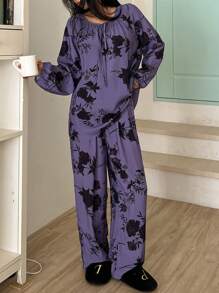 DAZY Floral Print Loose Tie Neck Pajama Set - Purple - View 4