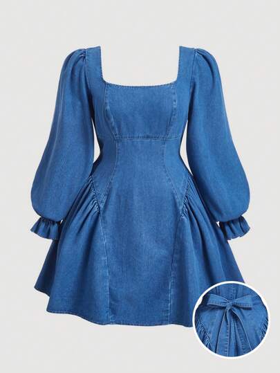 SHEIN MOD Plus Size Denim Mini Dress, Sweet Tea-Length Long Sleeve Thanksgiving Women Outfit, Elegant Dresses, Fall Clothes Blue Homecoming Princess
