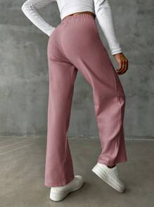 SHEIN Cottnline Chất rắn Đồ đan Ribbed Quần chân thẳng - Hồng - Xem 3
