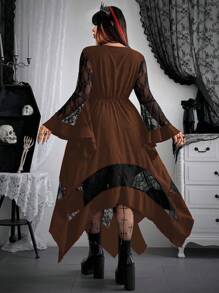 Flirla Damen Große Größen Halloween Cosplay Dunkel-Punk Rock Kleid mit Kontrastspitze, V-Ausschnitt und Glockenärmeln in A-Linie, Piraten Kleid, Gothic Kleidung, Kleid Hexe