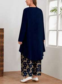 EMERY ROSE 大码女式优雅休闲花卉印花宽松长袖上衣和裤子两件套，秋冬