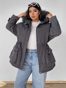 SHEIN MOOSTA Plus Size Women Padded Padded Coat Clothes Winter With Fluffy Collar And Pockets - Dark Grey - View 5