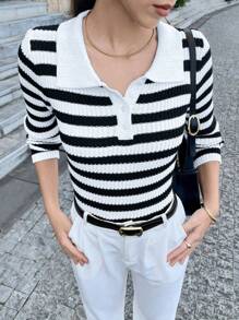 Chiquease Loose Contrast Color Polo Collar Striped Short Women Slim Fit Long Sleeve Pullover Casual Knit Sweater, Knit Pullover Fall Winter - Black and White - View 4