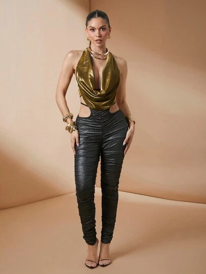 Lumalex 女士秋冬感恩节新年狂欢节假日亮面宴会晚宴优雅华丽纯色露背系带简约上衣休闲日常穿着