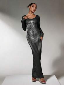 SHEIN SXY Wide Crew Neck Long Sleeve Form Fitting Holiday Glossy Banquet Dinner Elegant Gorgeous Women Long Dress