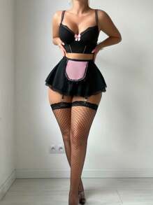 5 件/套性感内衣：修身吊带背心、丁字裤、吊袜带裙、2 件长袜、外出派对装、坏人造型 - 黑色 - 查看 1