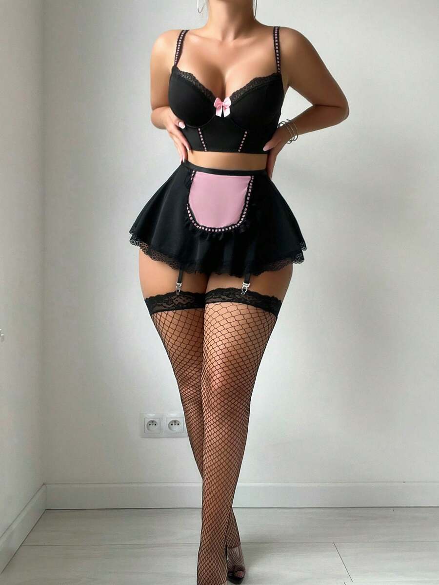 5 件/套性感内衣：修身吊带背心、丁字裤、吊袜带裙、2 件长袜、外出派对装、坏人造型 - 黑色 - 查看 1