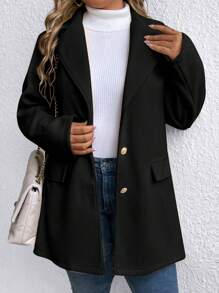 SHEIN LUNE 大码休闲纯色翻领单排扣大衣，秋冬 - 黑色 - 查看 3