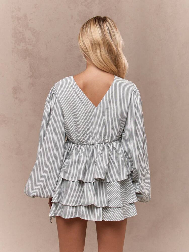 MISSGUIDED Boho Stripe Long Balloon Sleeves Tie Back Peplum Top And Tiered Ruffle Mini Skirt Two Piece Co-Ord Set