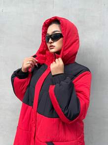 Flirla Abrigo acolchado sin mangas con capucha, bolsillo con parche y contraste de color, ropa de invierno de talla grande - Rojo - Ver 5