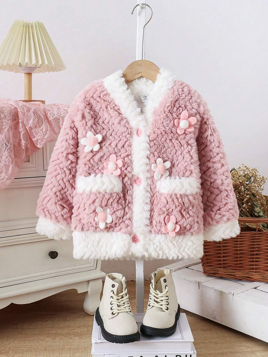 1 件女童可爱花朵口袋双排扣毛绒长袖开衫 - 粉色 - 查看 1